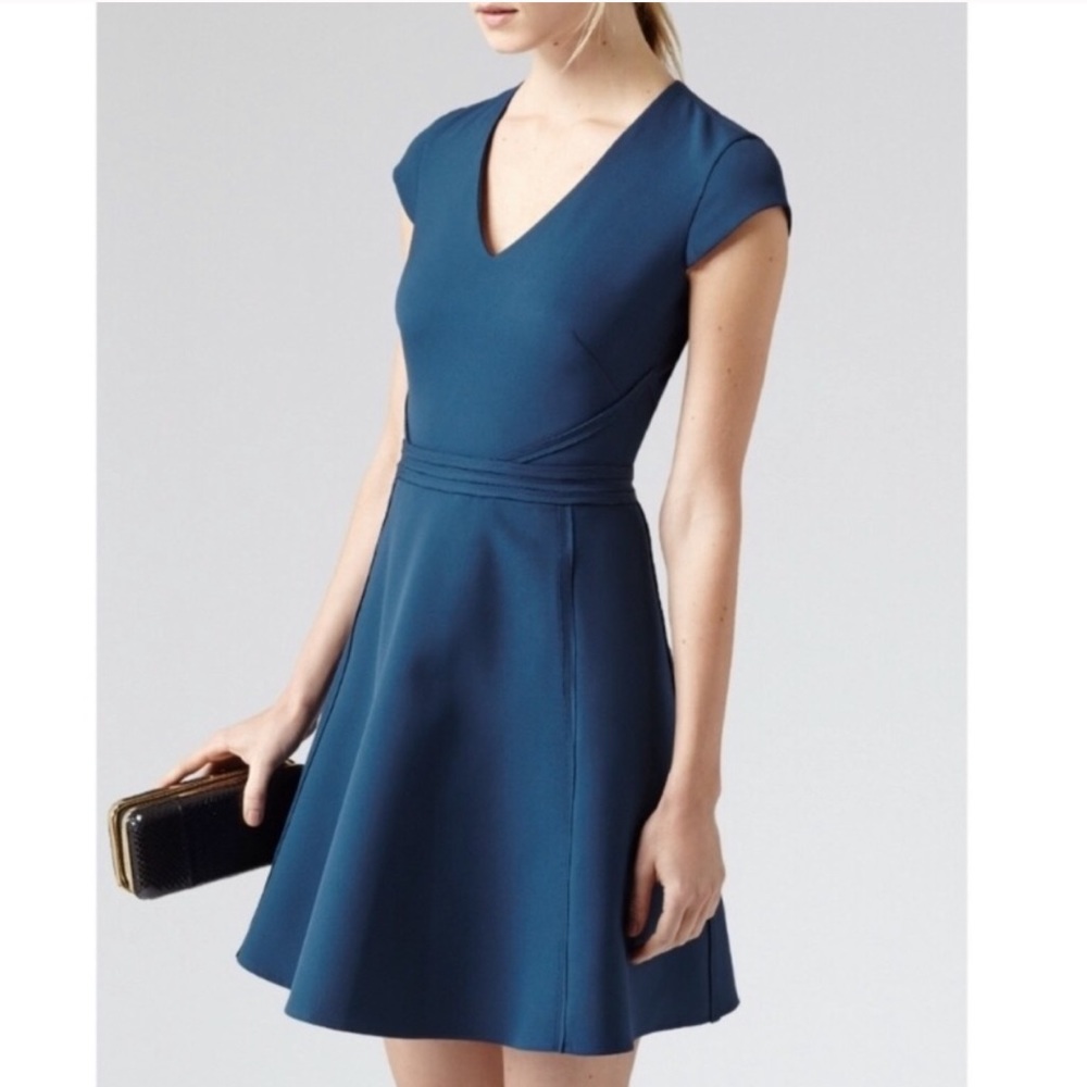 Reiss Alsace V-Neck Blue Fit & Flare Dress - 4
